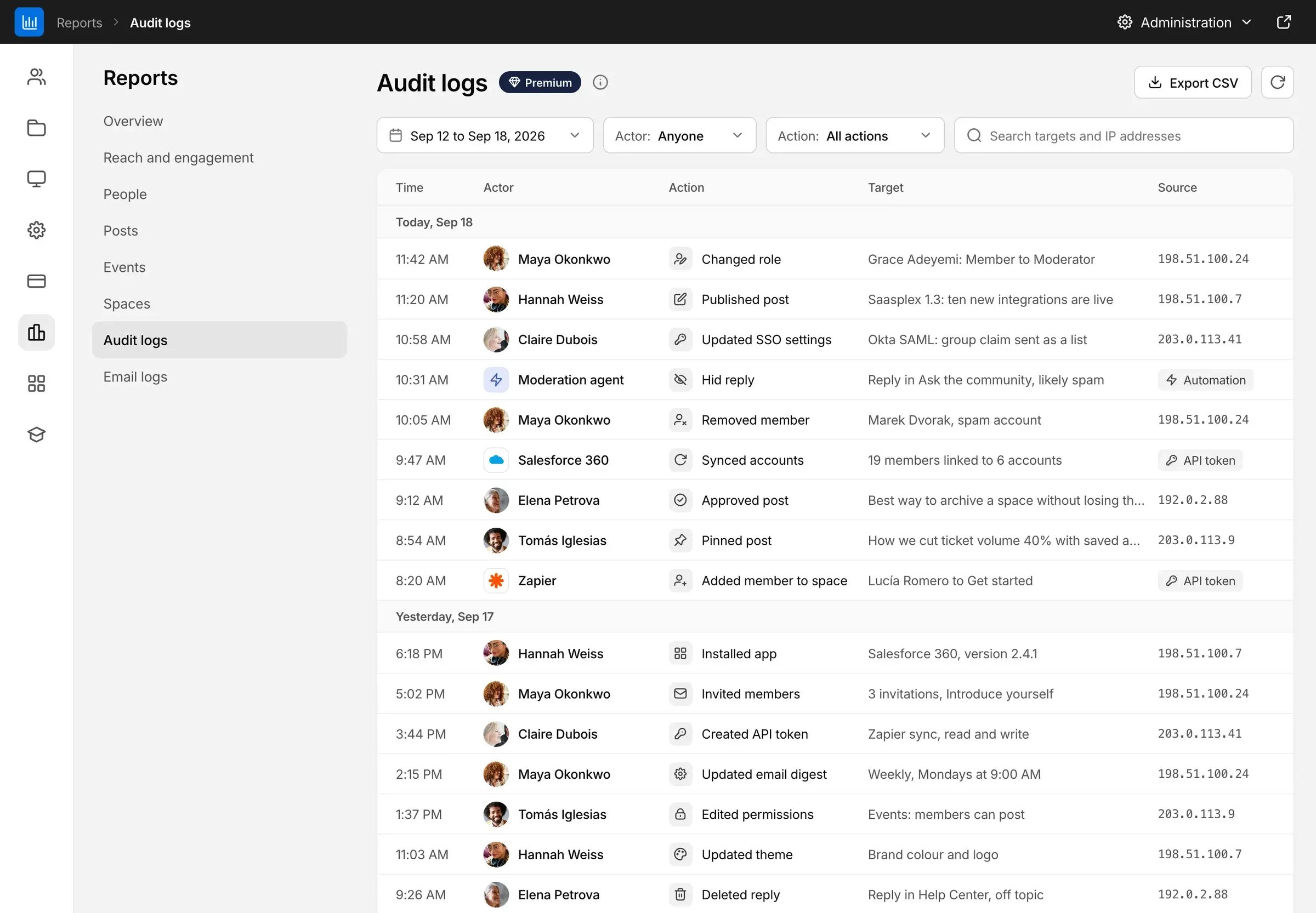 Bettermode administration, Audit logs report: who changed roles, SSO settings, posts and members, with time, action, target and source IP