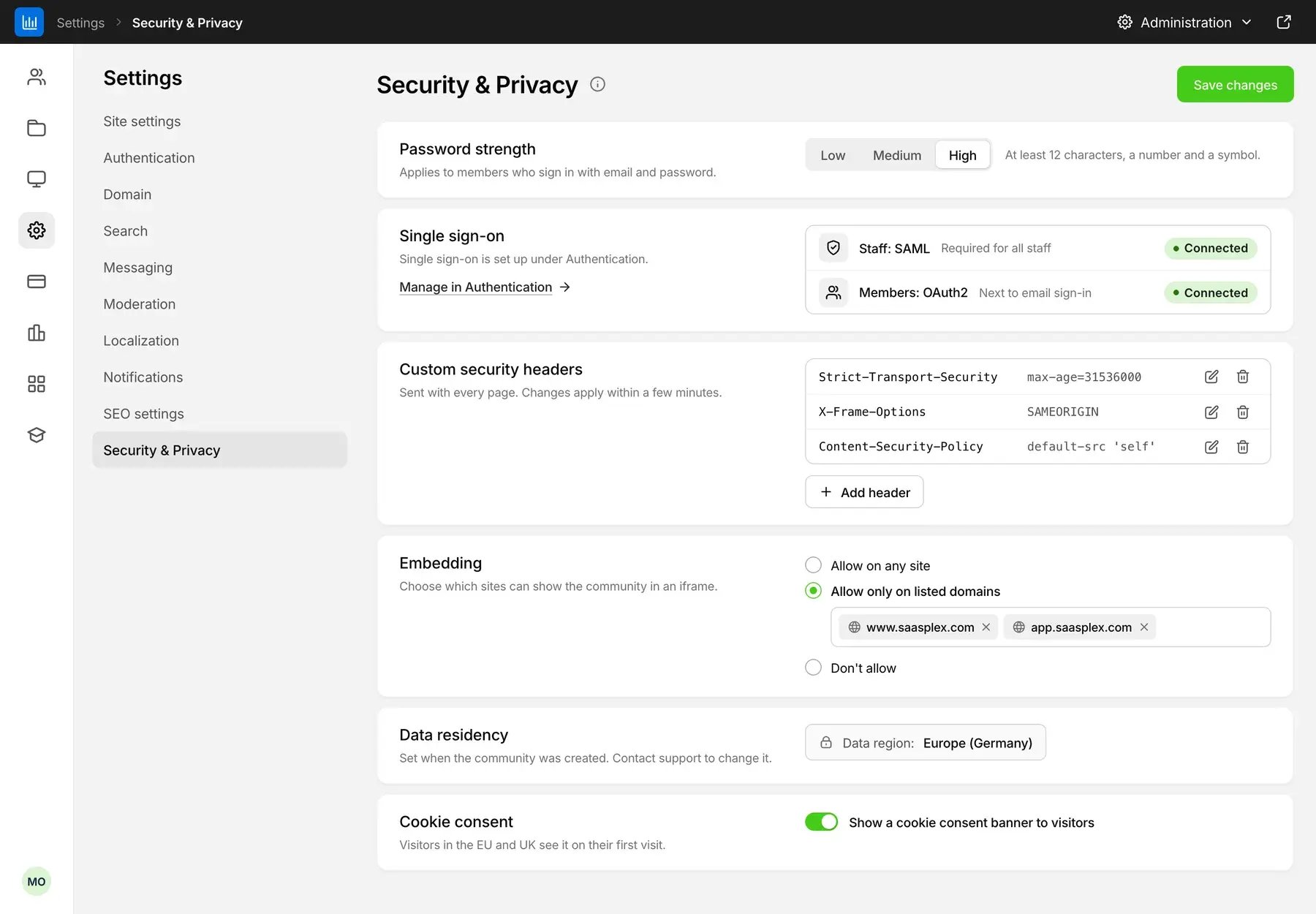 Bettermode administration, Security and Privacy settings: password strength, single sign-on, custom security headers, embedding, data residency and cookie consent