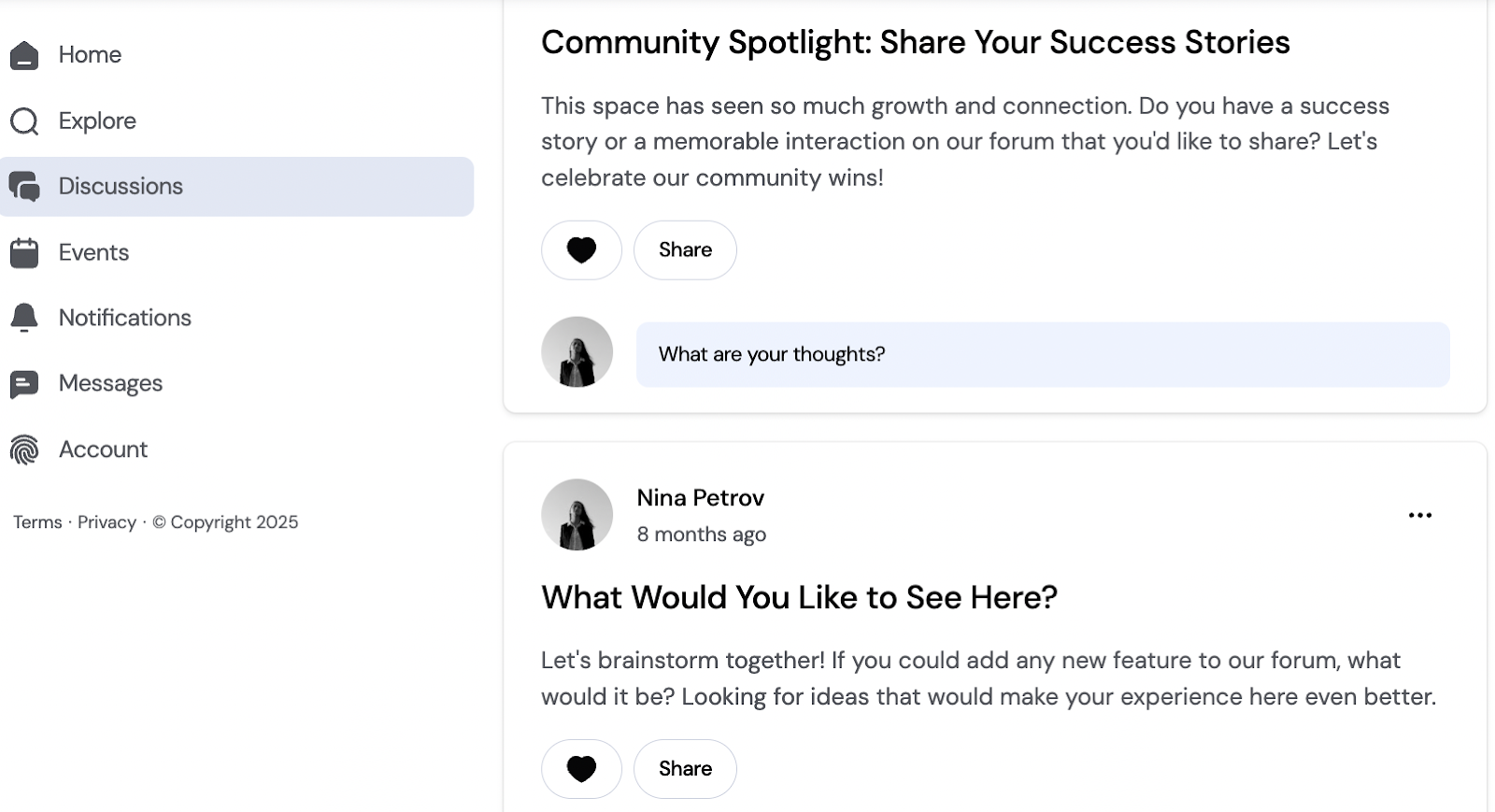 Screenshot of a user dashboard inside an online community made with Bettermode