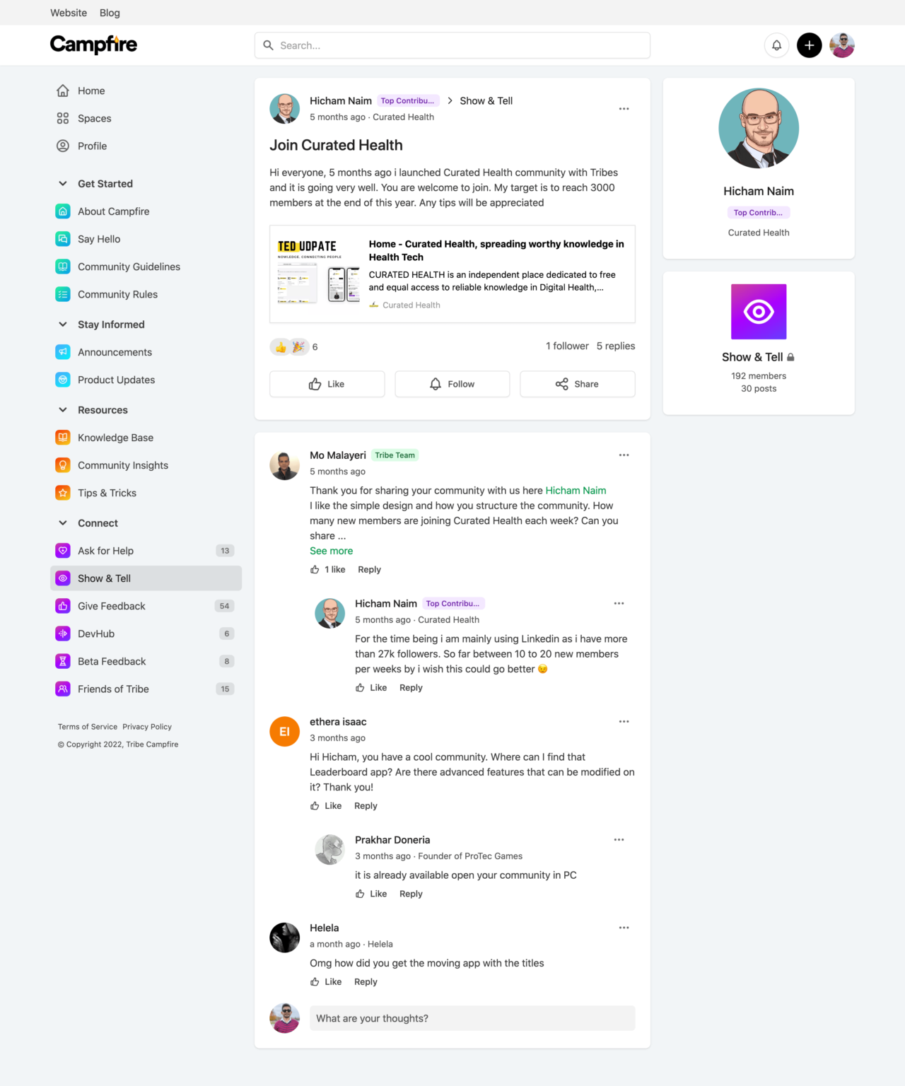 A Show and Tell post in Bettermode's own community, where a customer introduces their community and other members reply