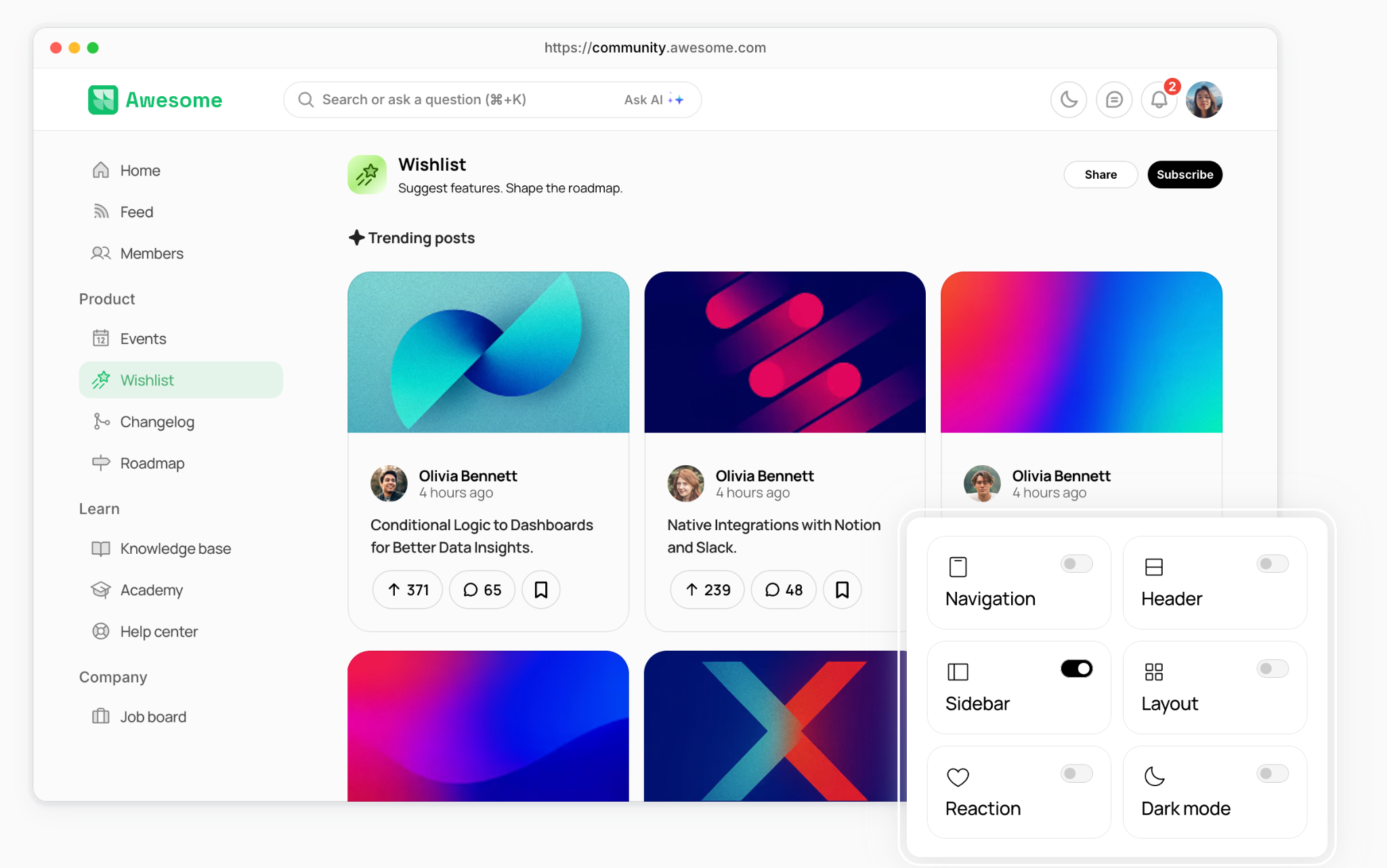 A sample Bettermode community with a Wishlist space where members suggest features and upvote them, next to Events, Changelog and Roadmap spaces