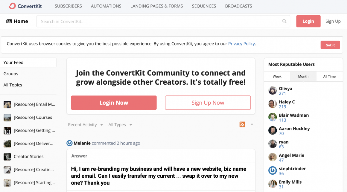 Convertkit community landing page