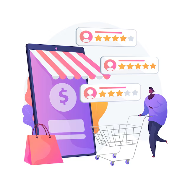Woman shopping based on customer reviews