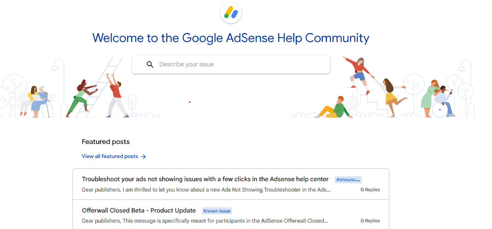 Google AdSense Help Community home page with a search bar and featured posts