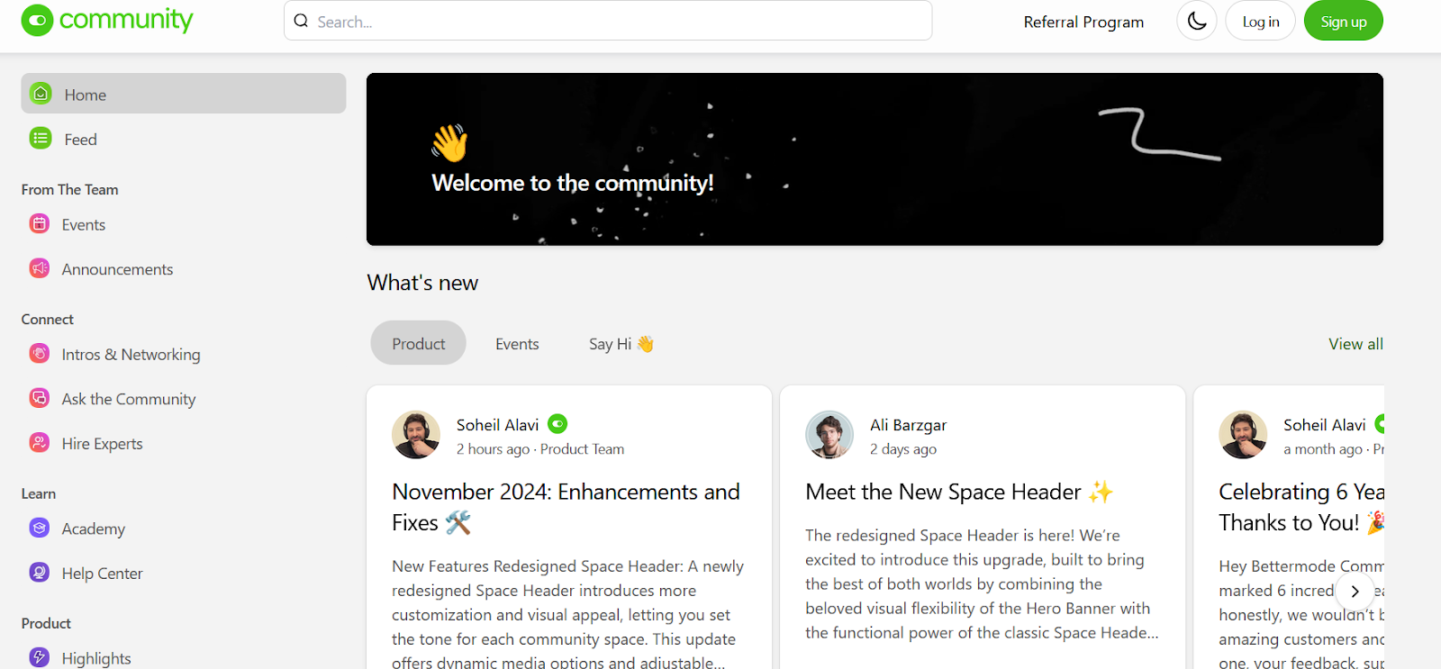 The Bettermode community home page with product updates, events and Q&A spaces