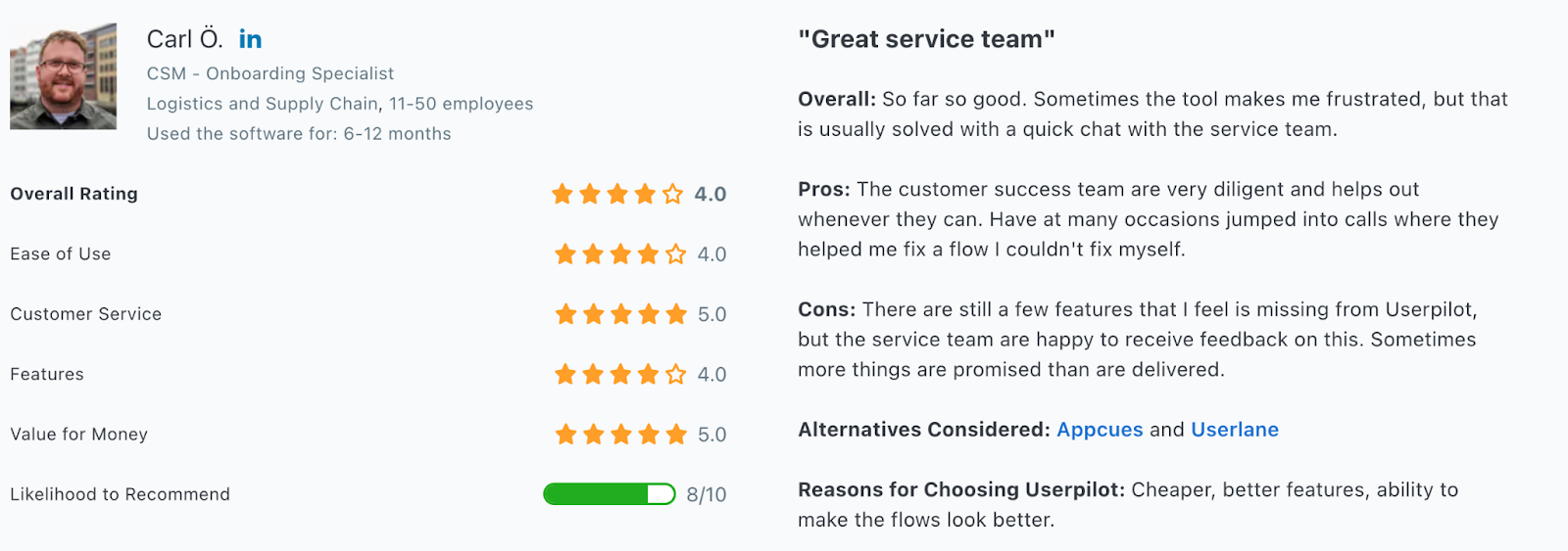 User rating of UserPilot