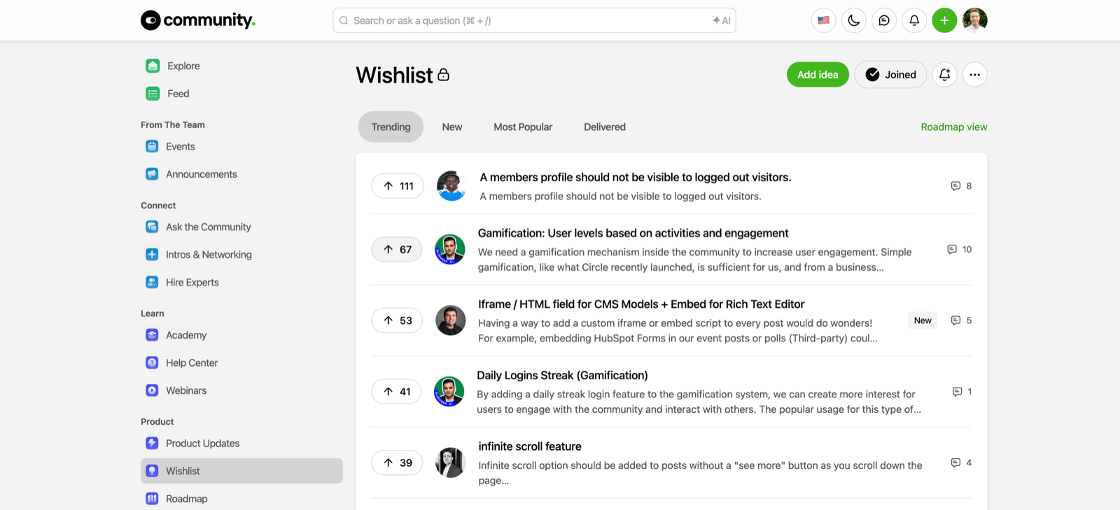 Bettermode's own Wishlist board, showing customer-submitted ideas with upvote counts and Trending, New, Most Popular and Delivered tabs