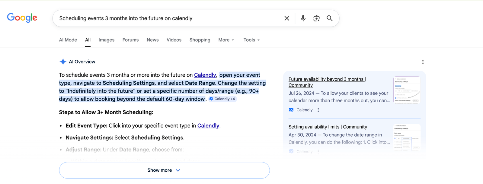 Google's AI Overview answering a Calendly scheduling question using Calendly's own community posts, with the community threads cited alongside