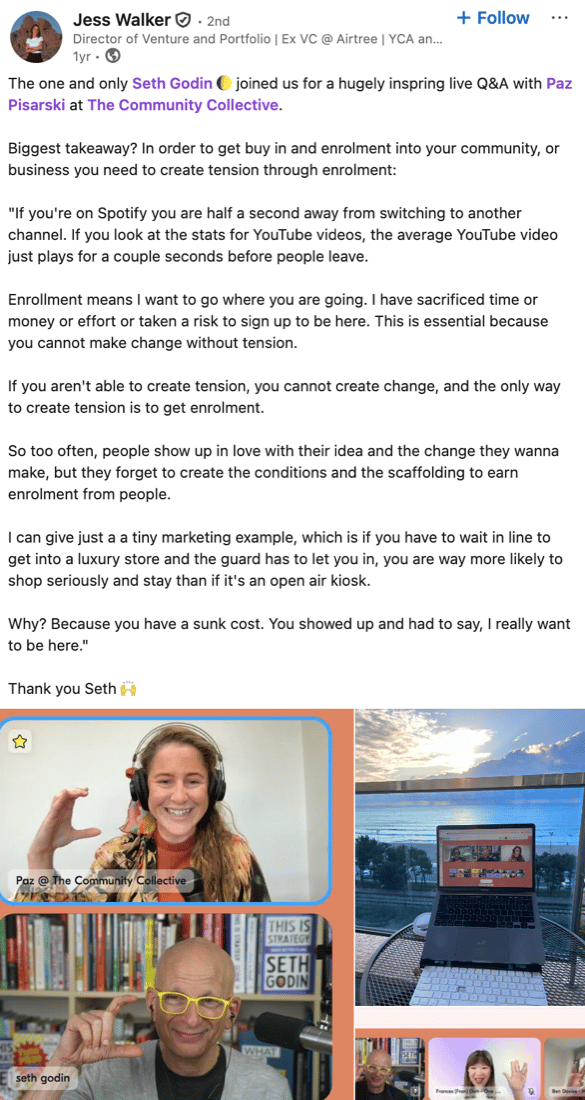 A LinkedIn recap of The Community Collective's live Q&A with Seth Godin and Paz Pisarski