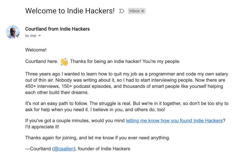 IndieHackers welcome email