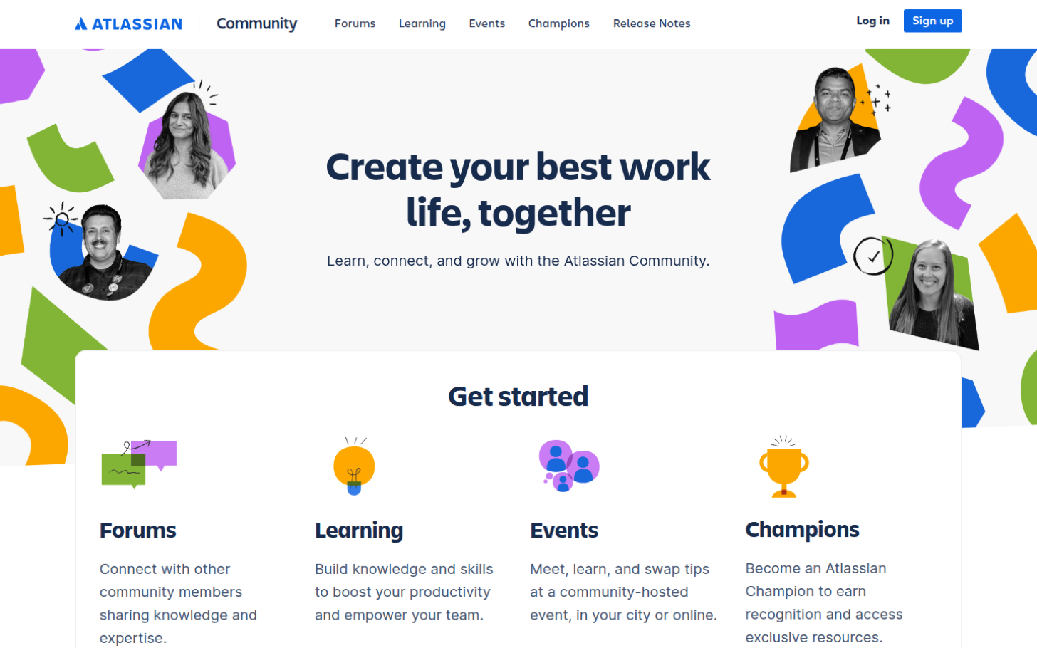 The Atlassian Community home page, with forums, learning, events, and a champions program