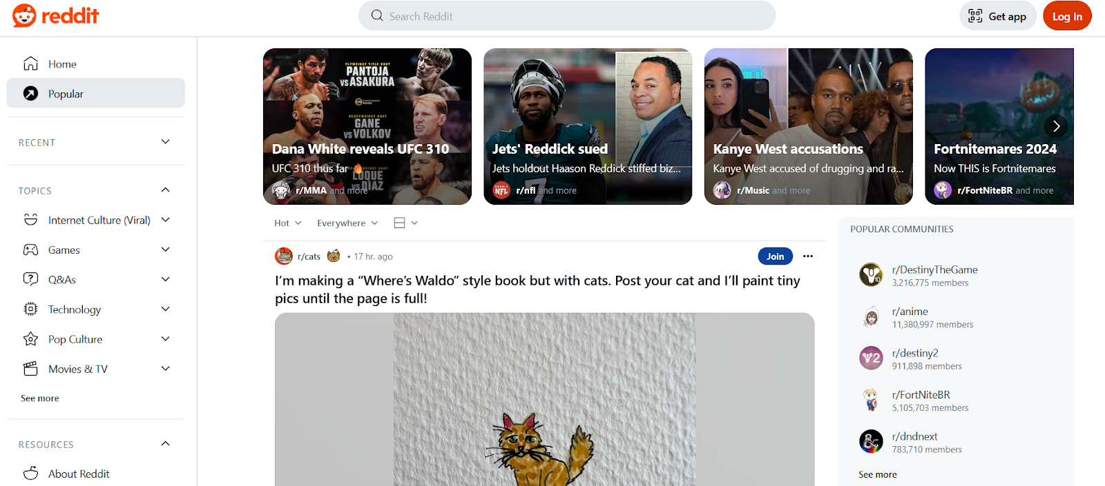 Reddit forum homepage
