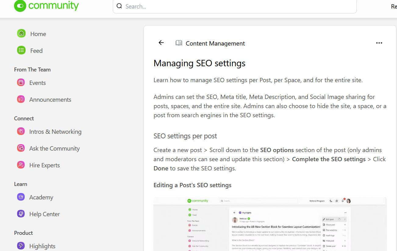 Managing SEO settings in Bettermode