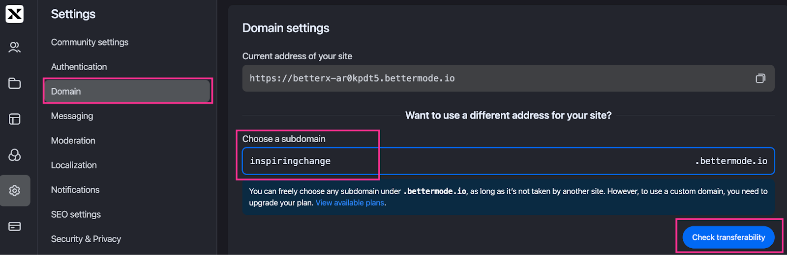 bettermode domain settings
