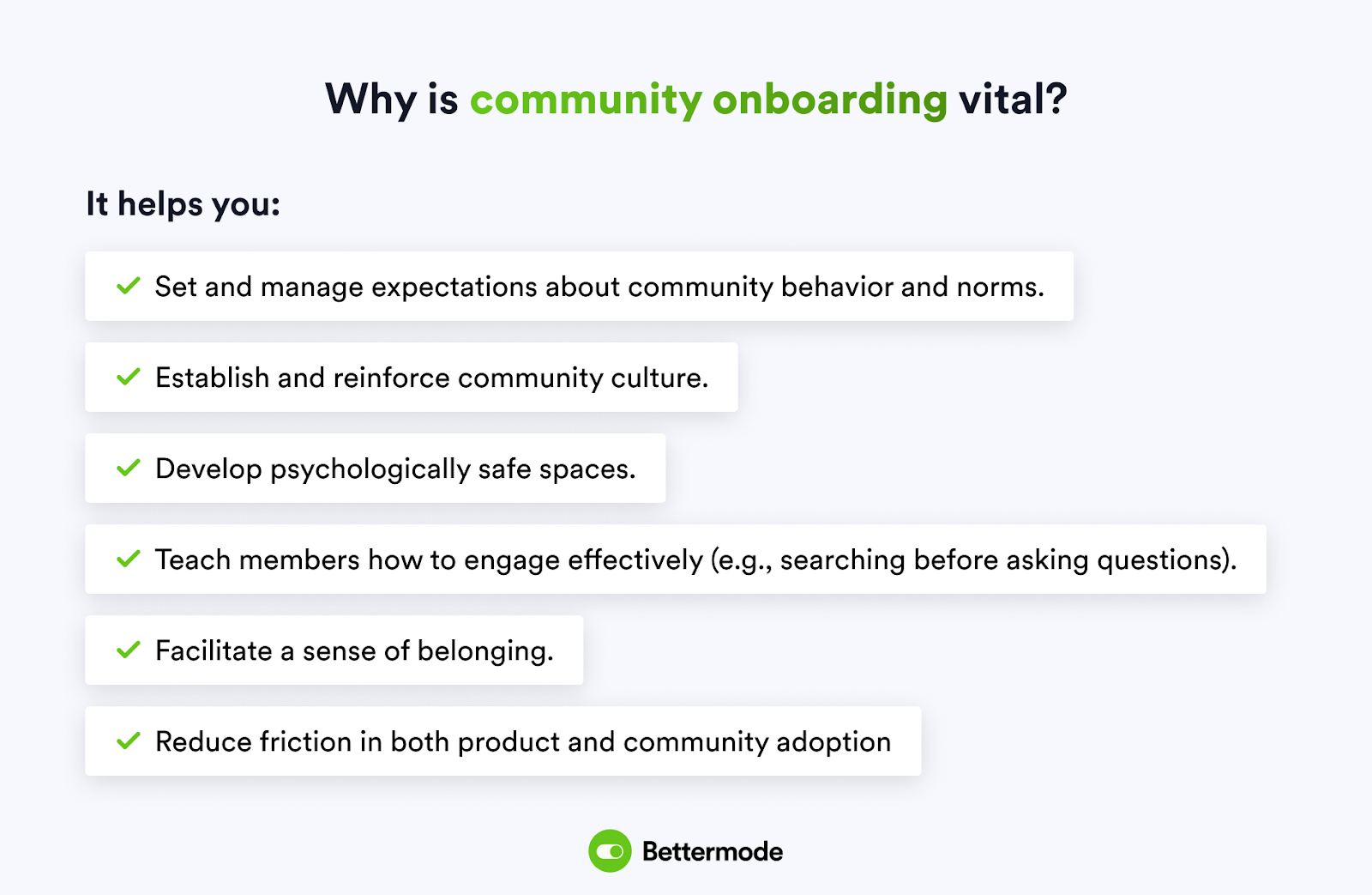 An infographic listing the importance of community onboarding
