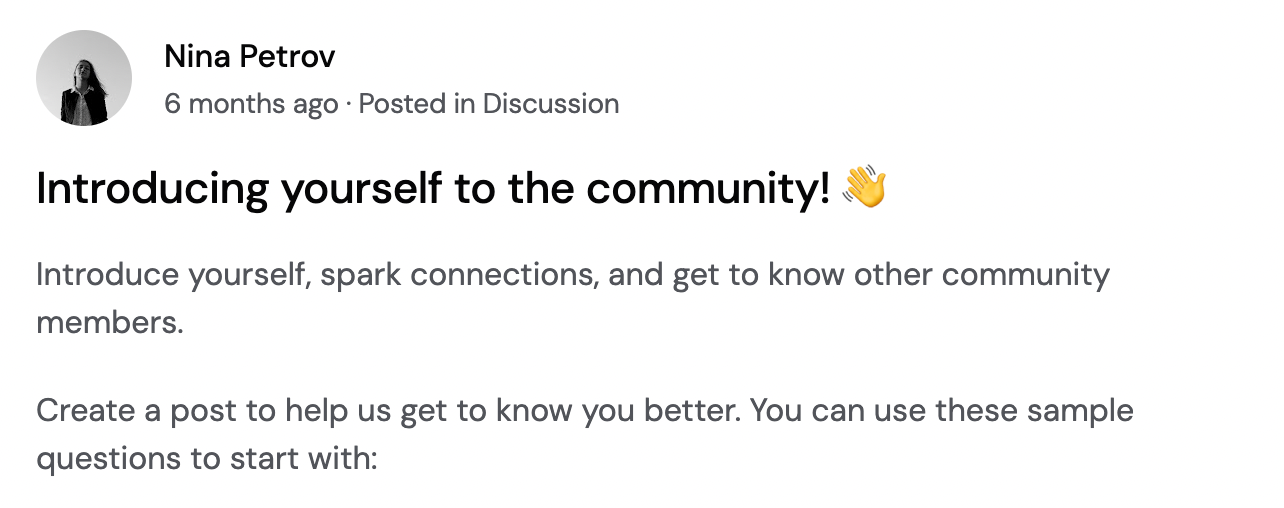 Screenshot of a welcome message from a community made with Bettermode