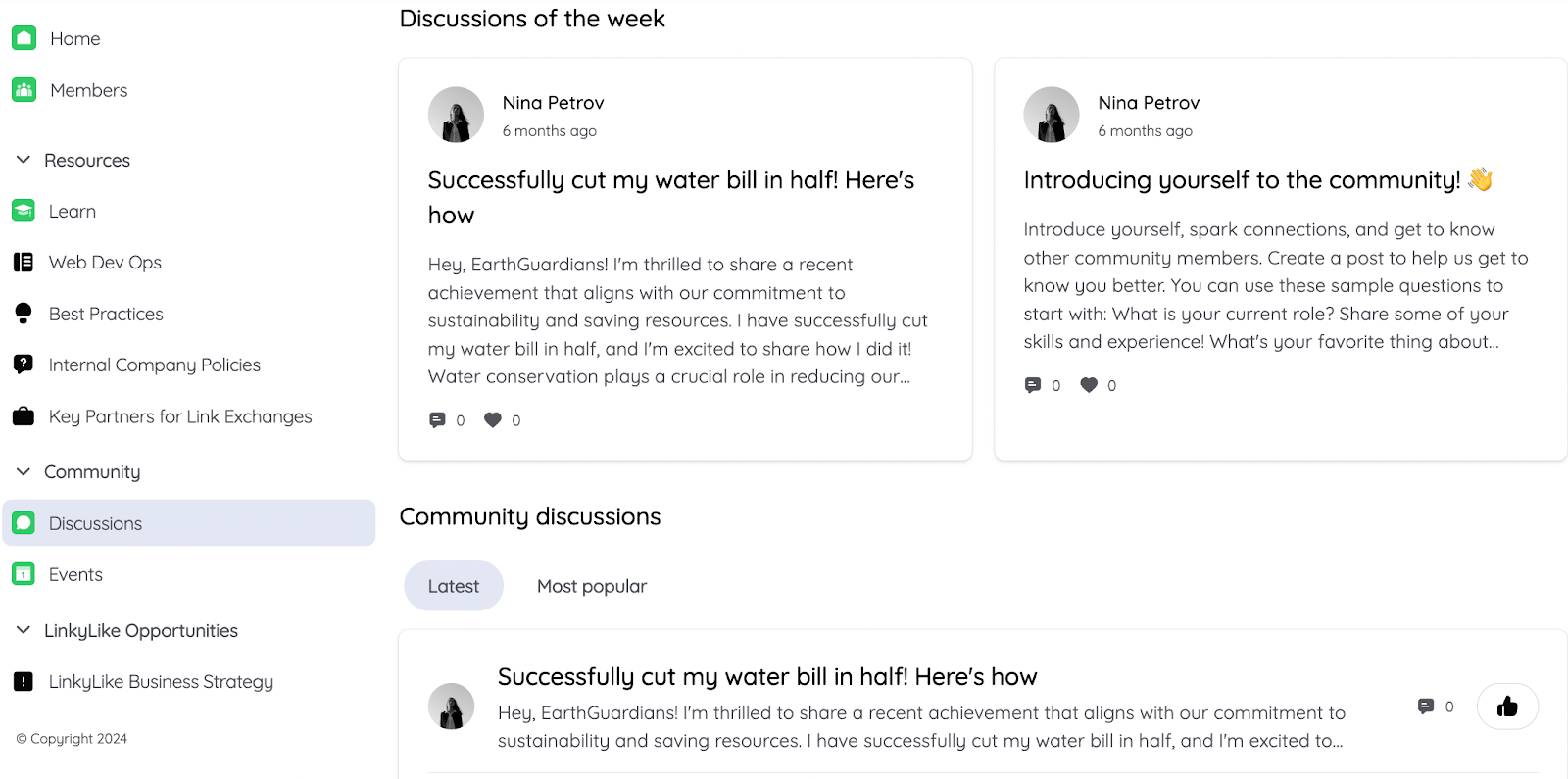 Screenshot of Featured and Latest discussions in a community made with Bettermode