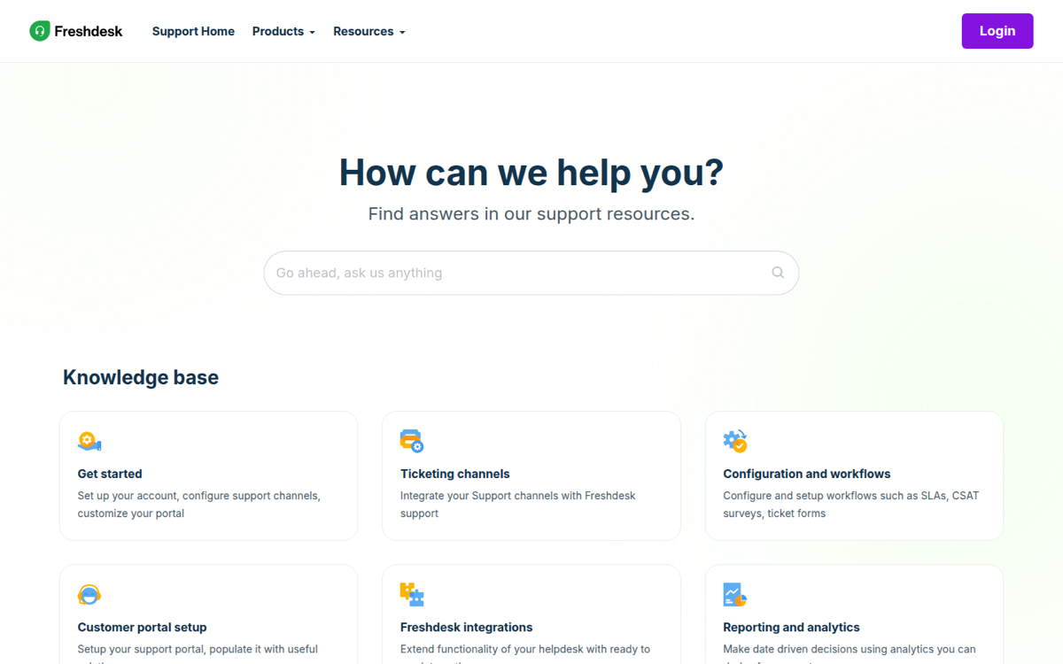 Freshdesk support portal with a knowledge base section and category cards