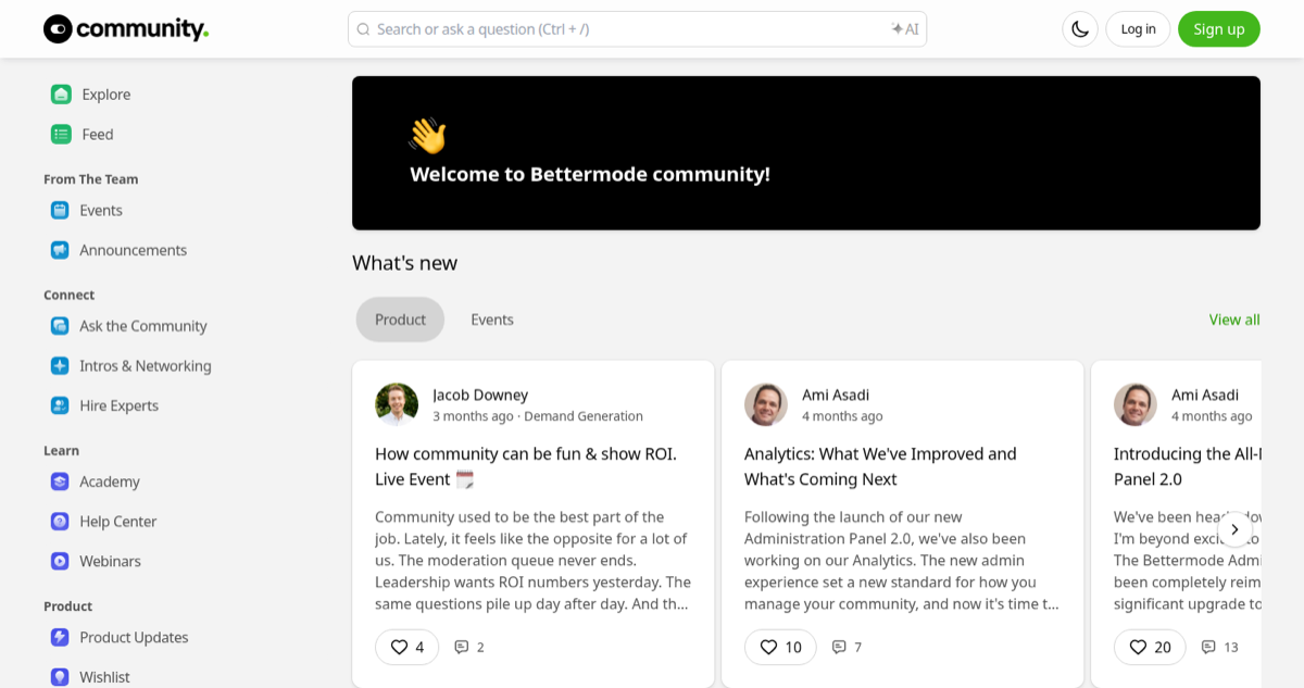 Bettermode community showing a search bar with Help Center and Academy in the sidebar