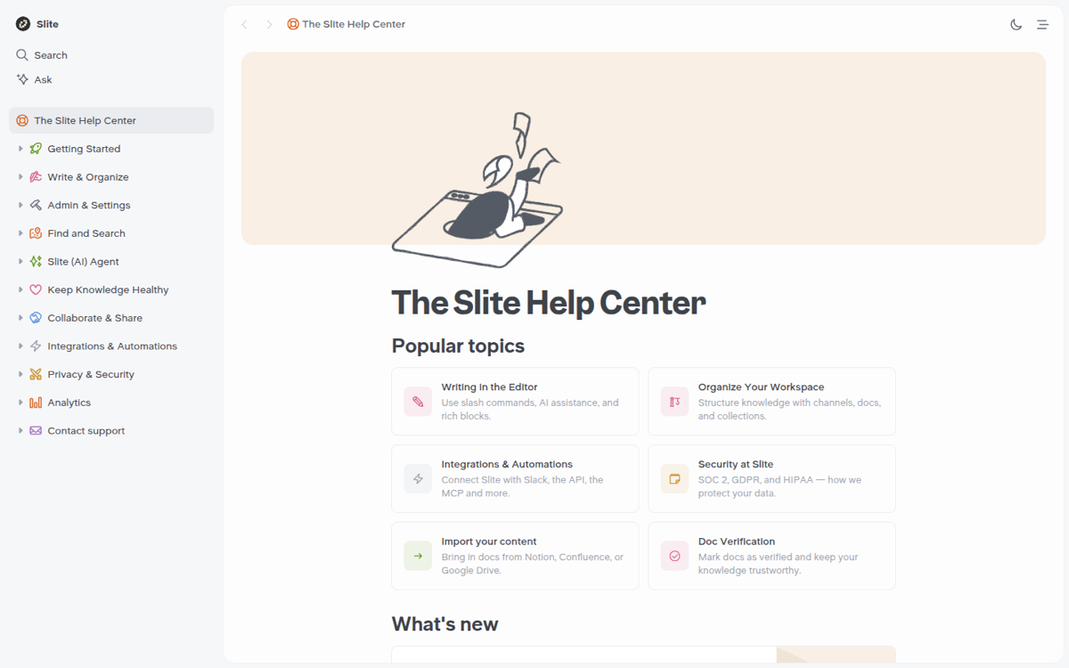 Slite help center showing doc verification and knowledge health topics