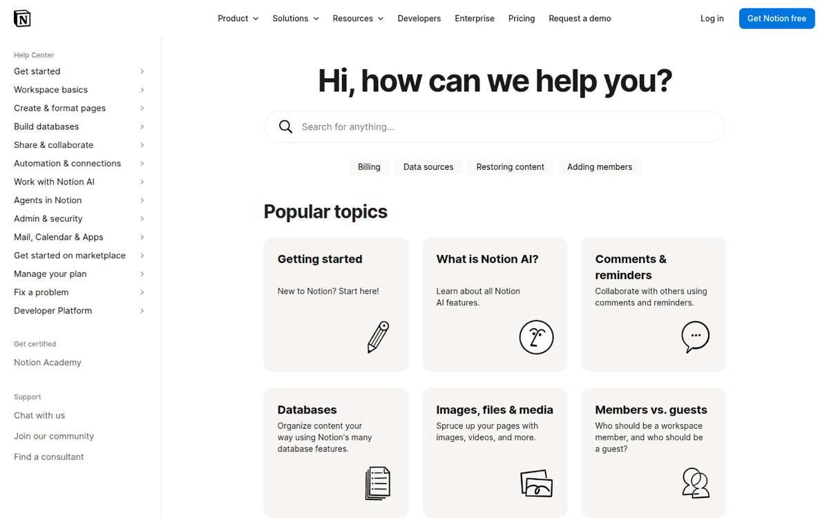 Notion help center with a left navigation tree and popular topics