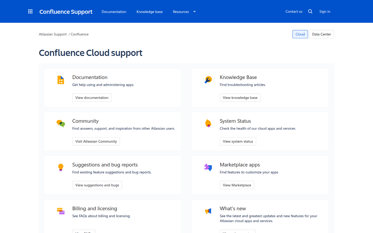 Atlassian Confluence Cloud support site with documentation and knowledge base links