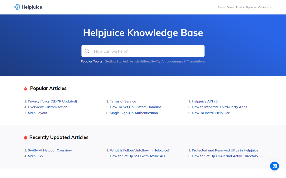 Helpjuice knowledge base showing popular and recently updated articles