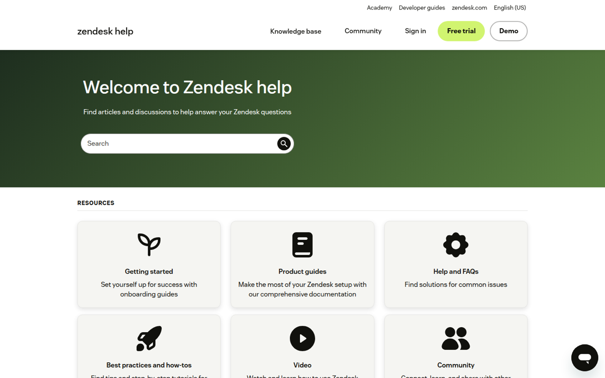 Zendesk help center showing a search bar and article categories