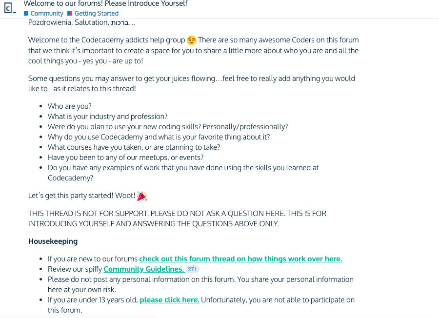 Introduction thread on Codecademy