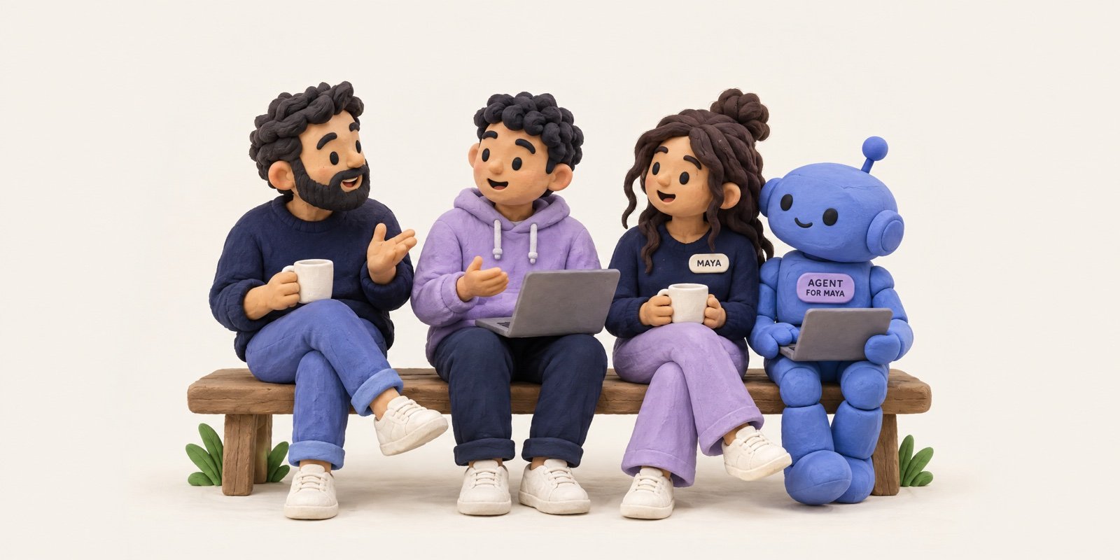 Clay illustration of three people chatting on a bench with a small robot beside them, the woman wearing a Maya badge and the robot wearing an Agent for Maya badge