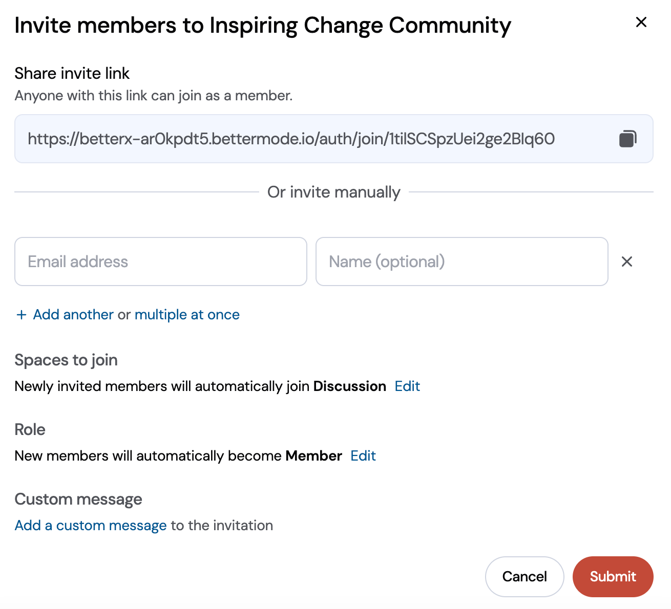 A member invitation dashboard from Bettermode