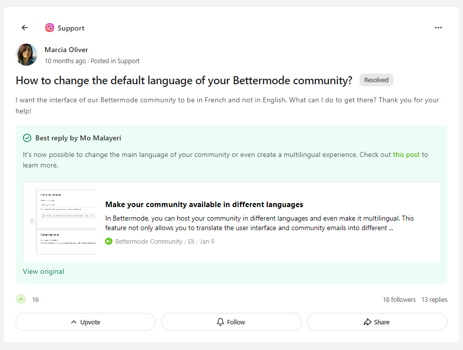 A resolved question in a Bettermode support community with the best reply pinned under the question