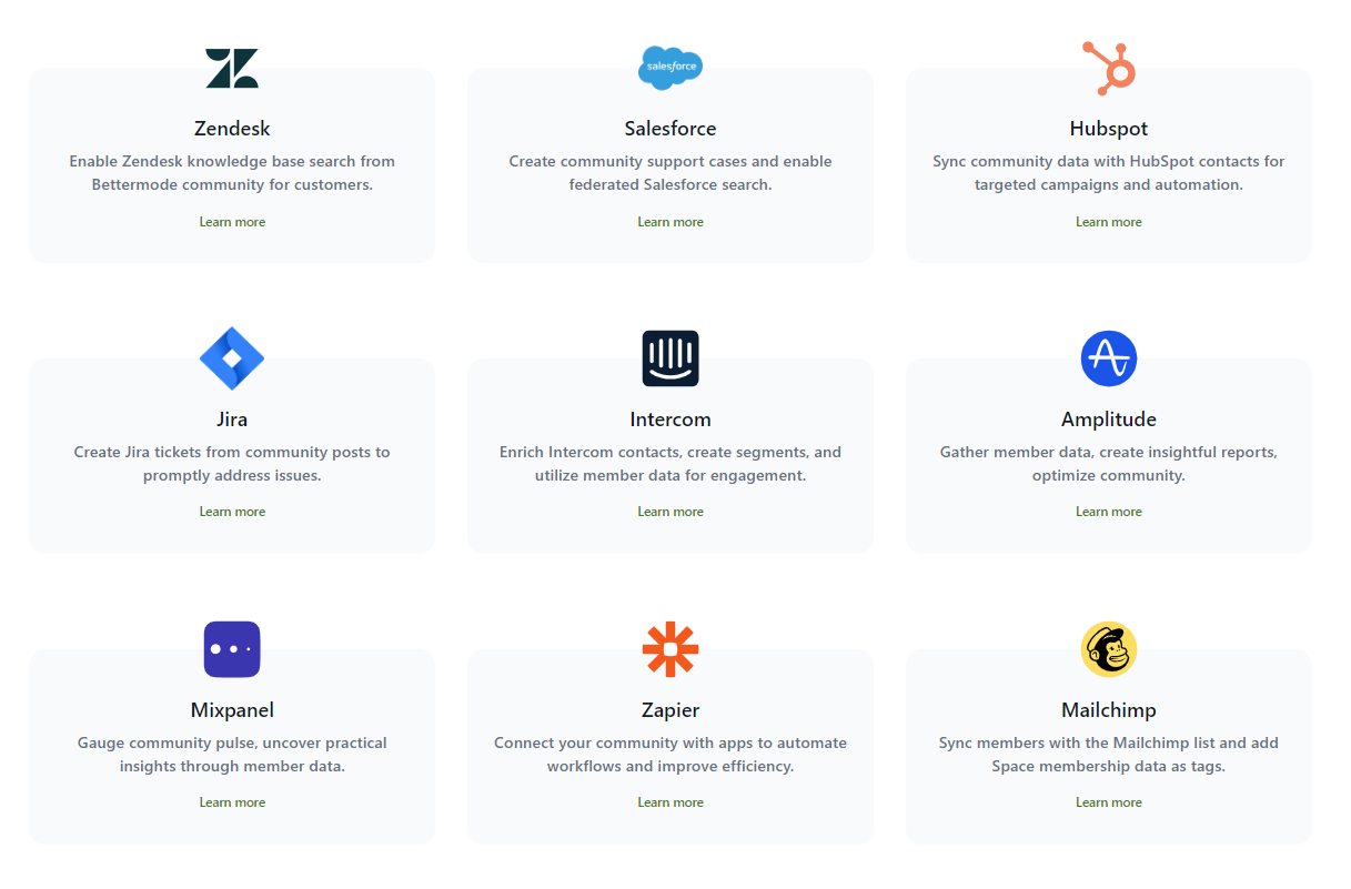 Bettermode integration cards for Zendesk, Salesforce, HubSpot, Jira, Intercom, Amplitude, Mixpanel, Zapier and Mailchimp