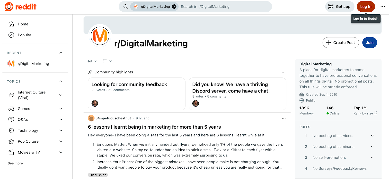 Reddit forum page