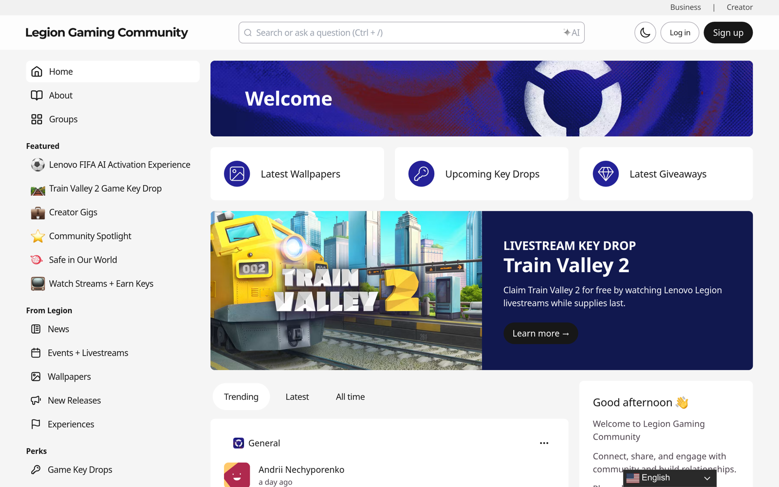 The Lenovo Legion community on Bettermode, with featured spaces, key drops, and livestreams