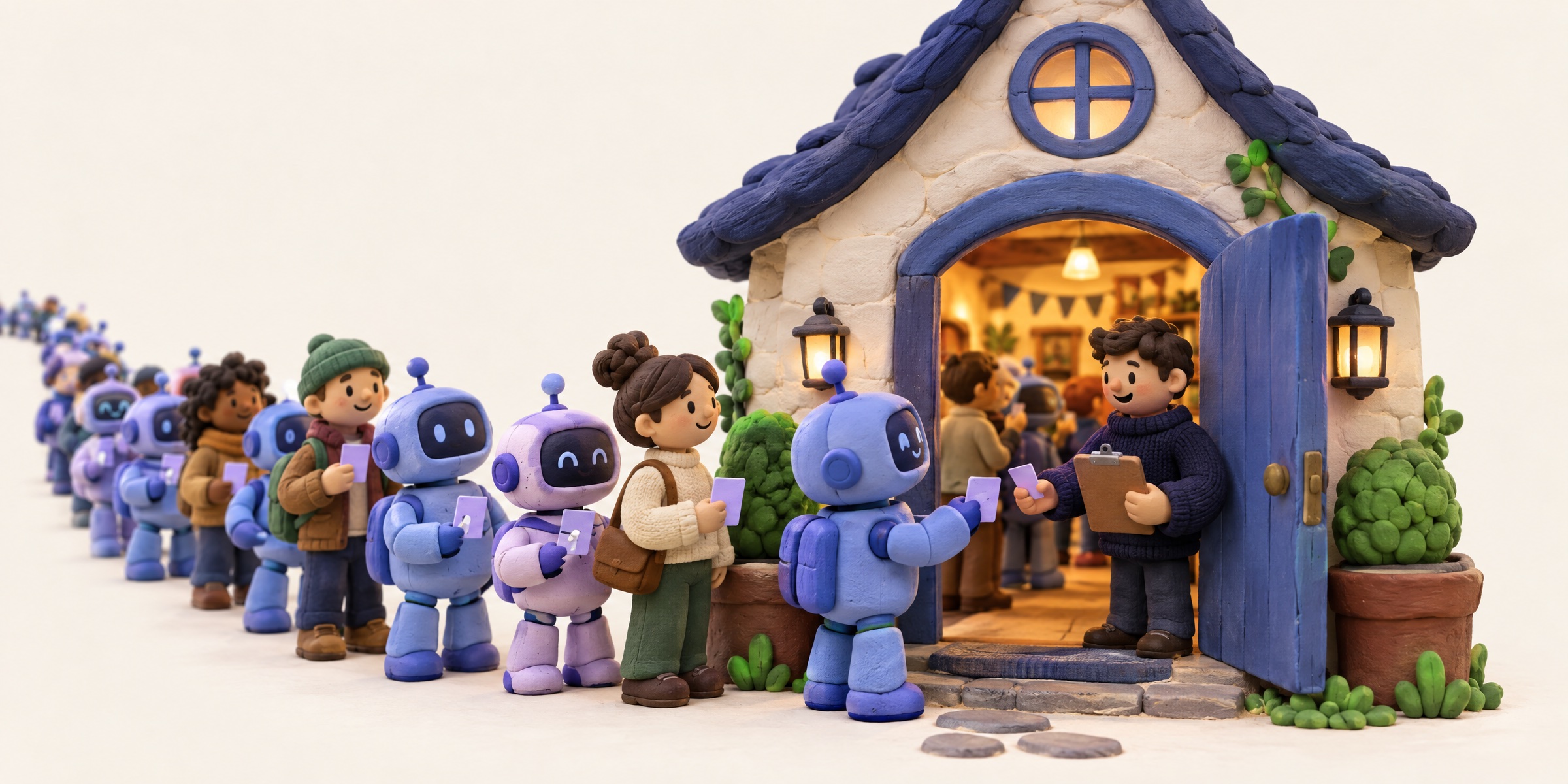 Clay illustration of a long queue of small robots and a few people holding passes outside a community clubhouse, where a host with a clipboard checks the first robot