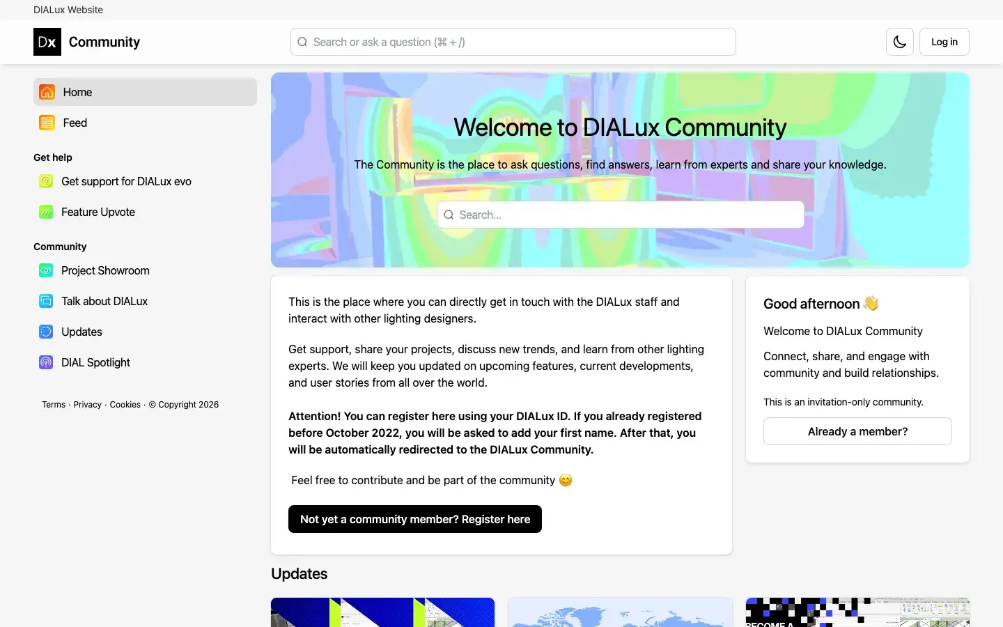 The DIALux Community home page on Bettermode: a welcome banner with search, a note on signing in with a DIALux ID and sidebar spaces for support, feature voting, projects, updates and DIAL Spotlight
