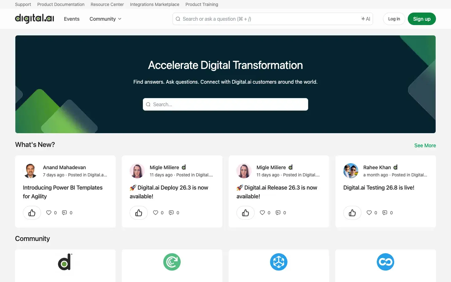 The Digital.ai Community home page, with release posts and a space for each product
