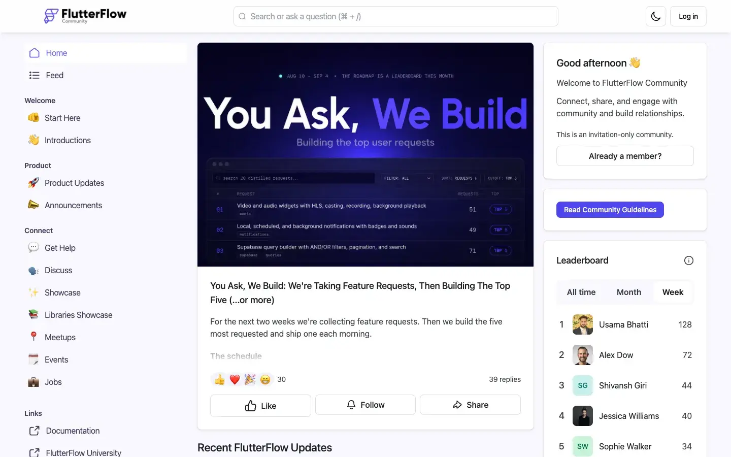The FlutterFlow Community home page, with a feature request drive, product updates and a leaderboard