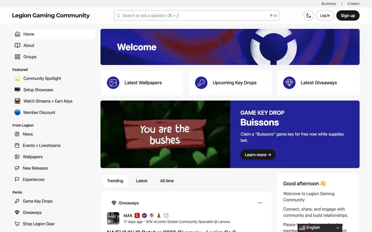 The Legion Gaming Community home page, with featured spaces, a game key drop and member posts