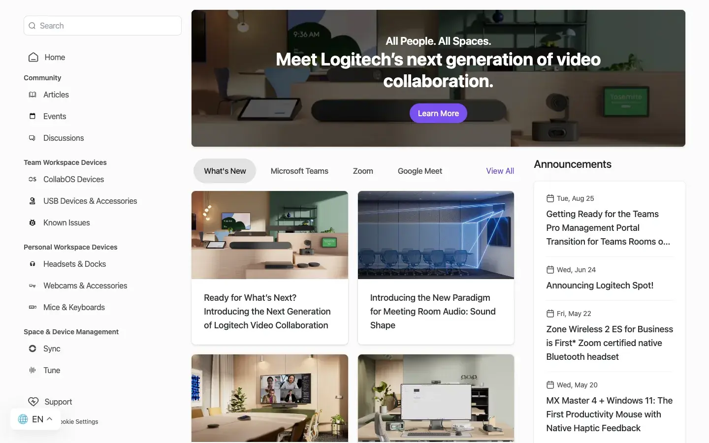 The Logitech Hub home page, with device spaces, what's new and announcements