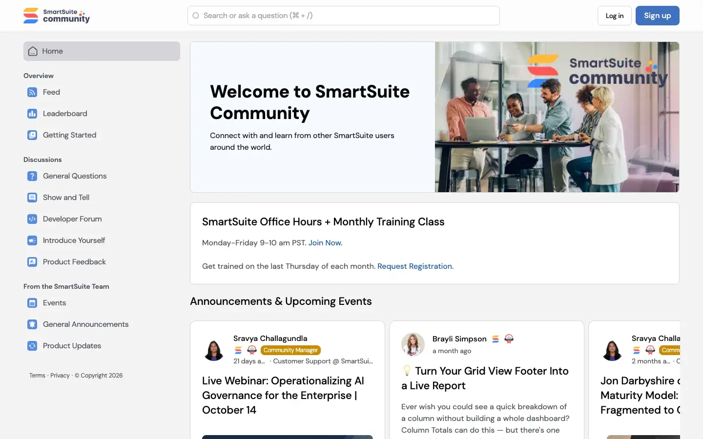 The SmartSuite Community home page, with office hours, training classes and upcoming events