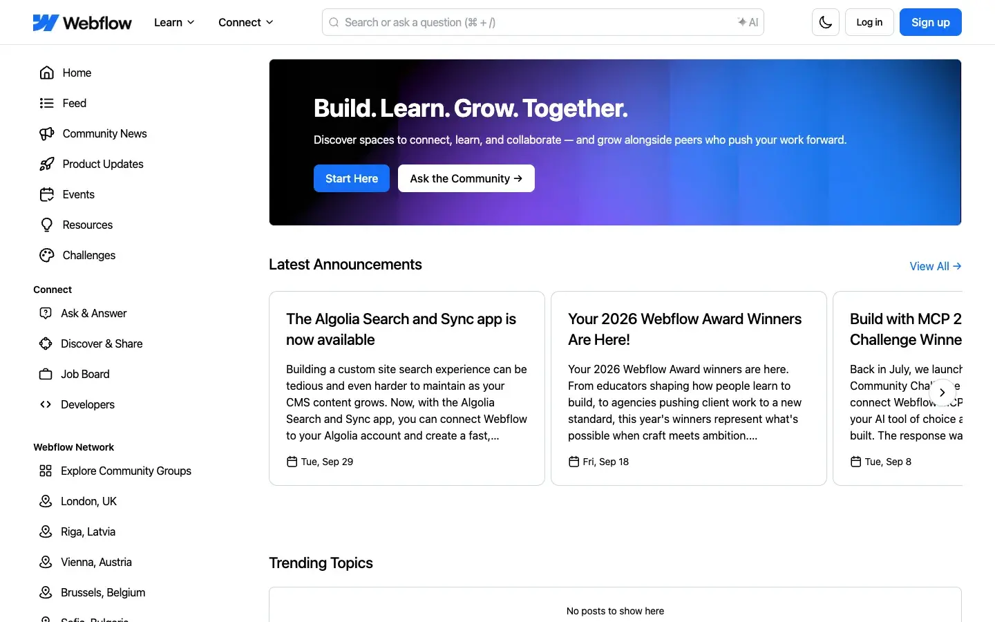 The Webflow community home page on Bettermode