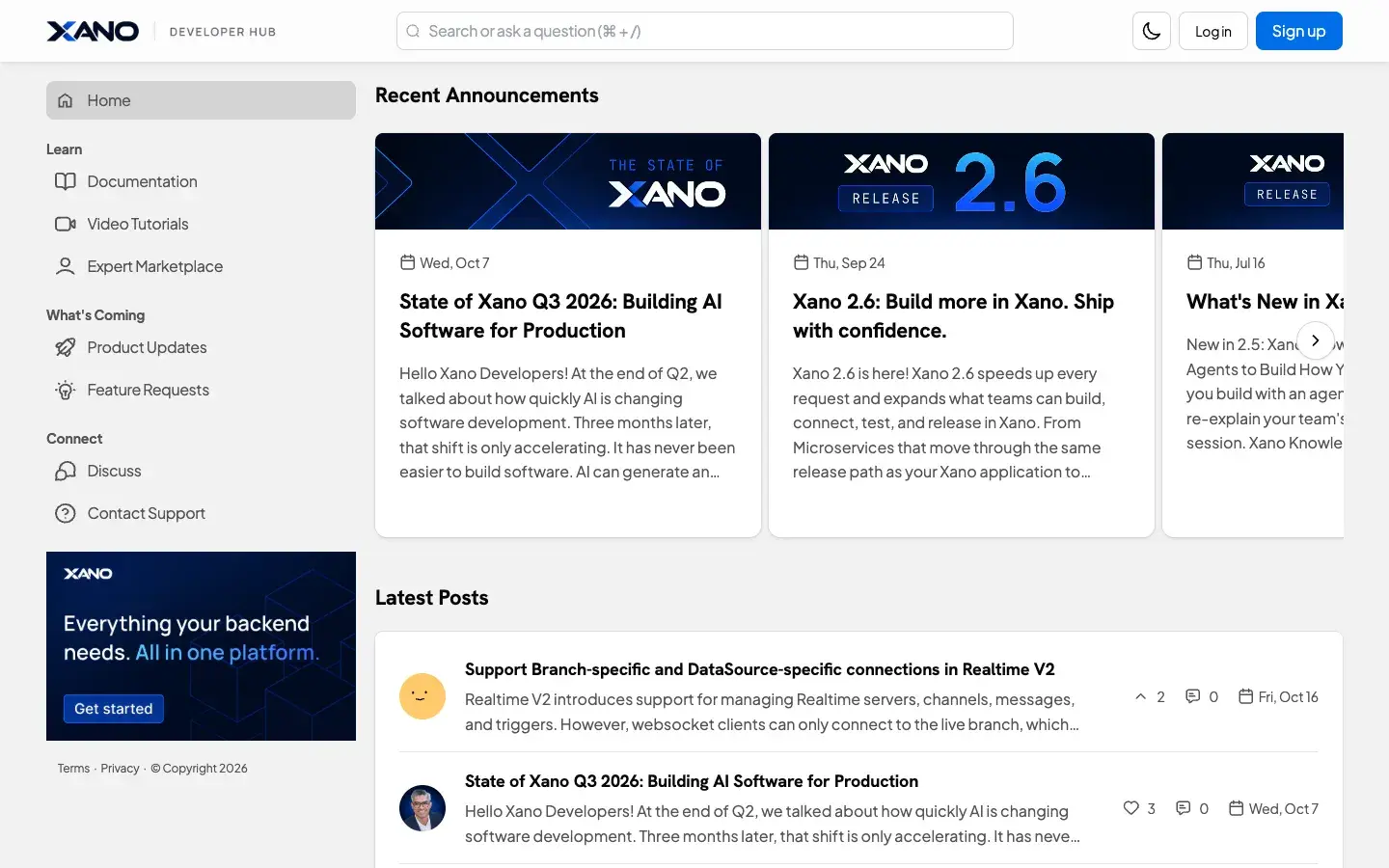 The Xano Developer Hub home page on Bettermode: recent announcements and release posts, latest discussions and sidebar sections for learning, what's coming and support