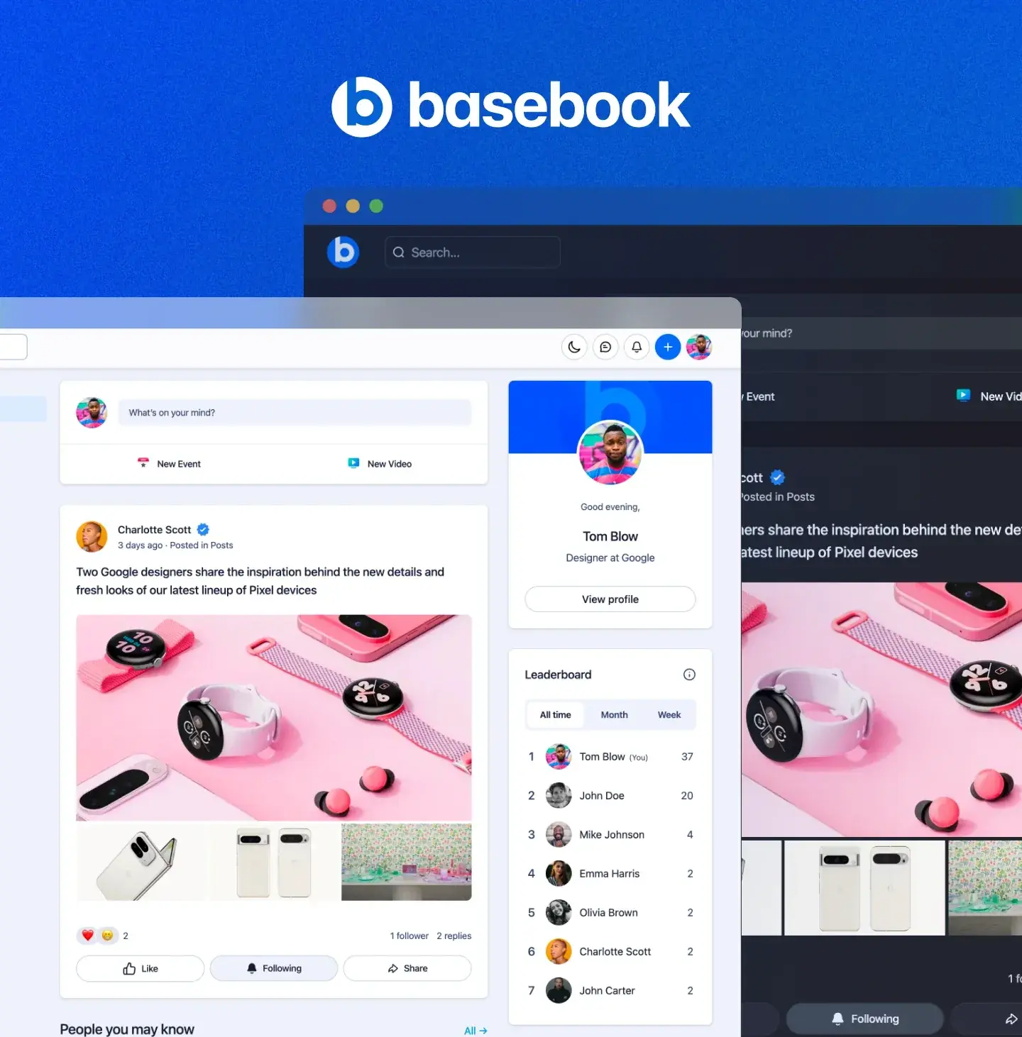 Basebook template preview: its home page and inner pages from the demo community
