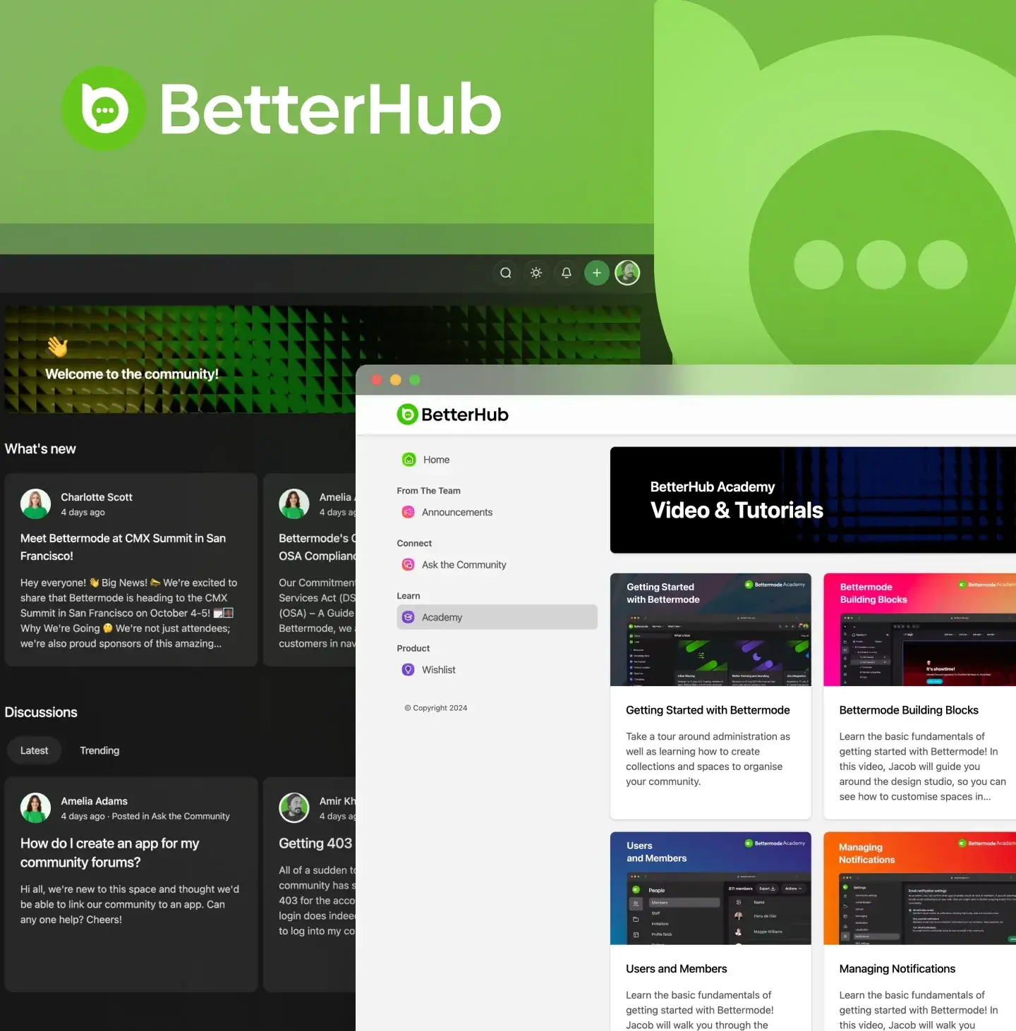 BetterHub template preview: its home page and inner pages from the demo community