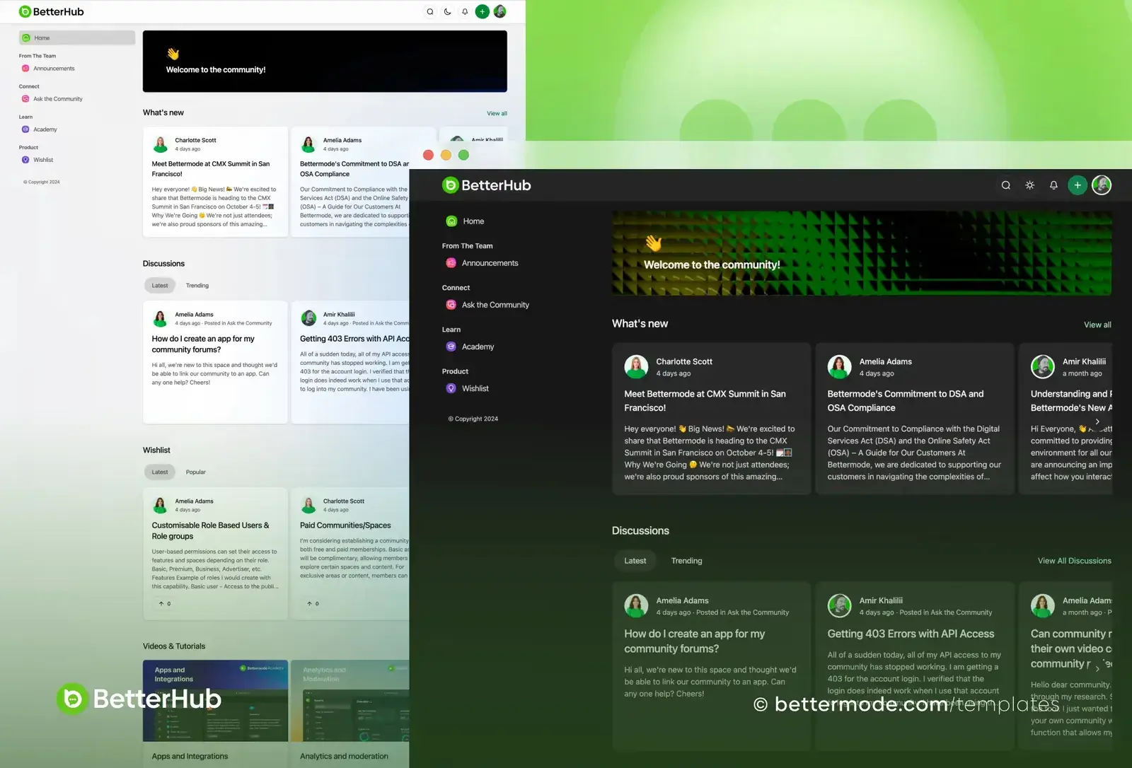 BetterHub template: home in light and dark mode