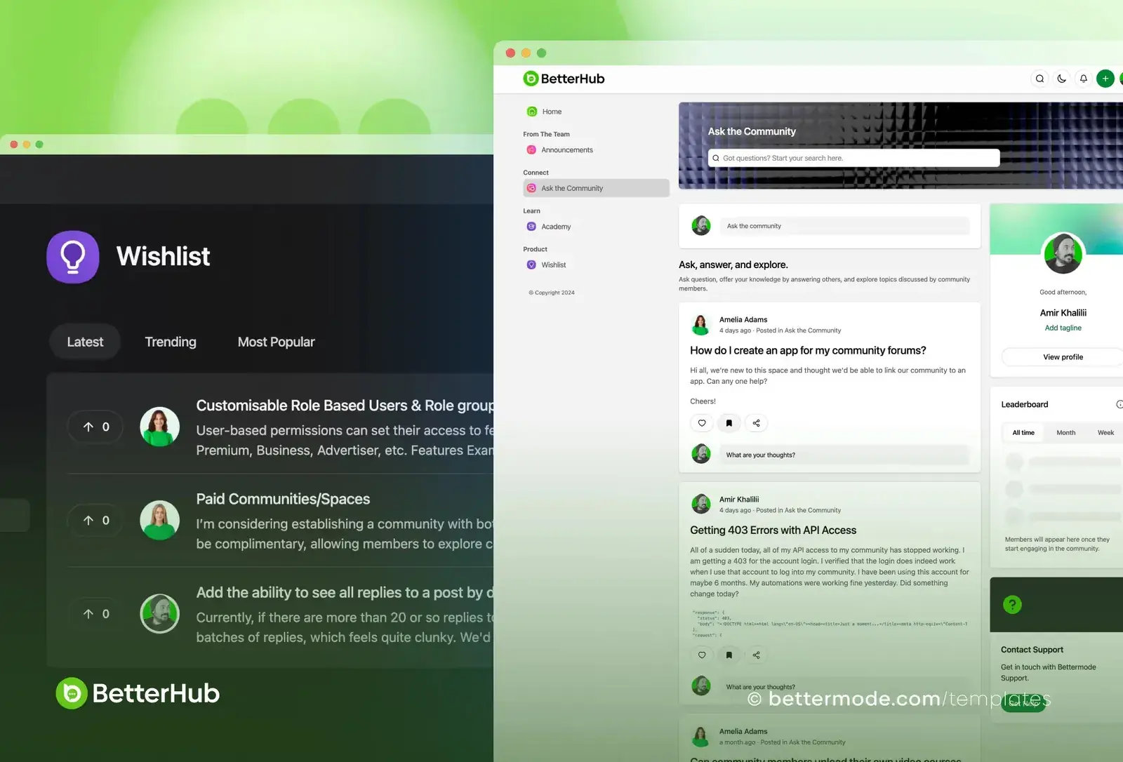 BetterHub template: wishlist and questions