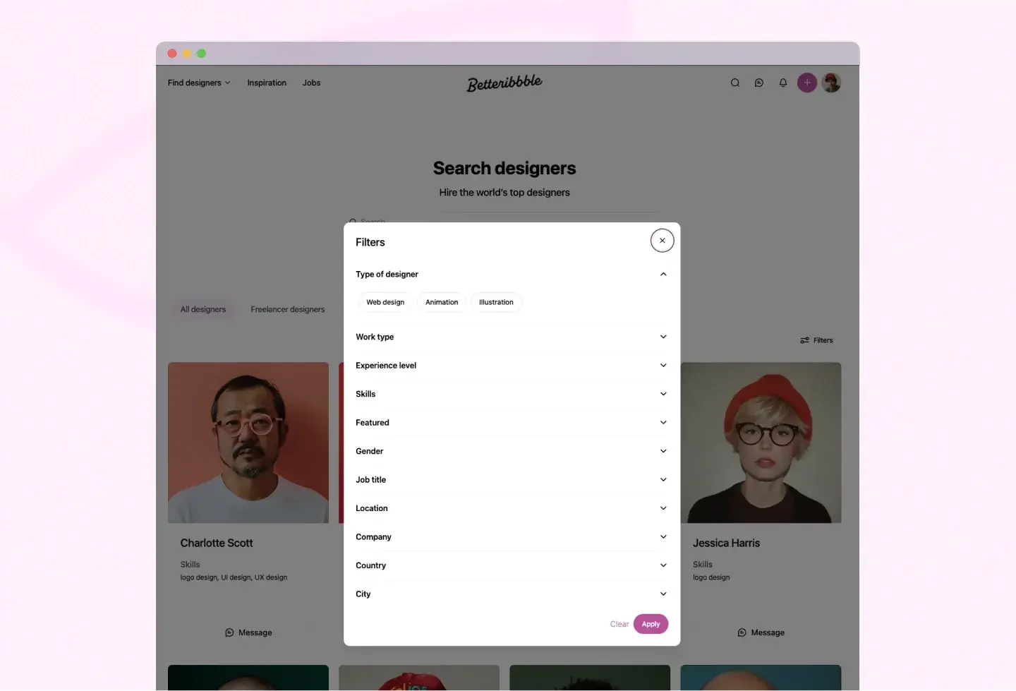 Betteribbble template: designer search with filters