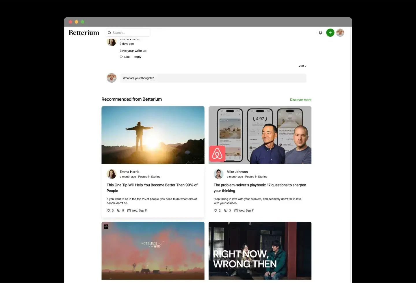 Betterium template: recommended stories